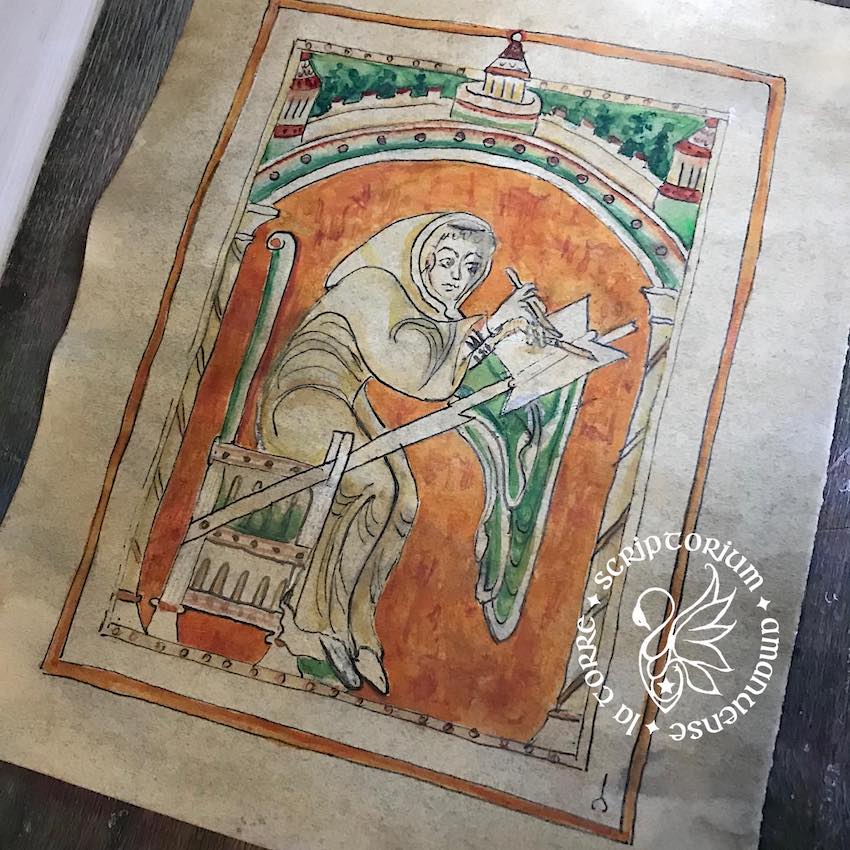 Amanuense al lavoro - opera originale su pergamena invecchiata - replica di antica miniatura medievale - (ID# SOD01)